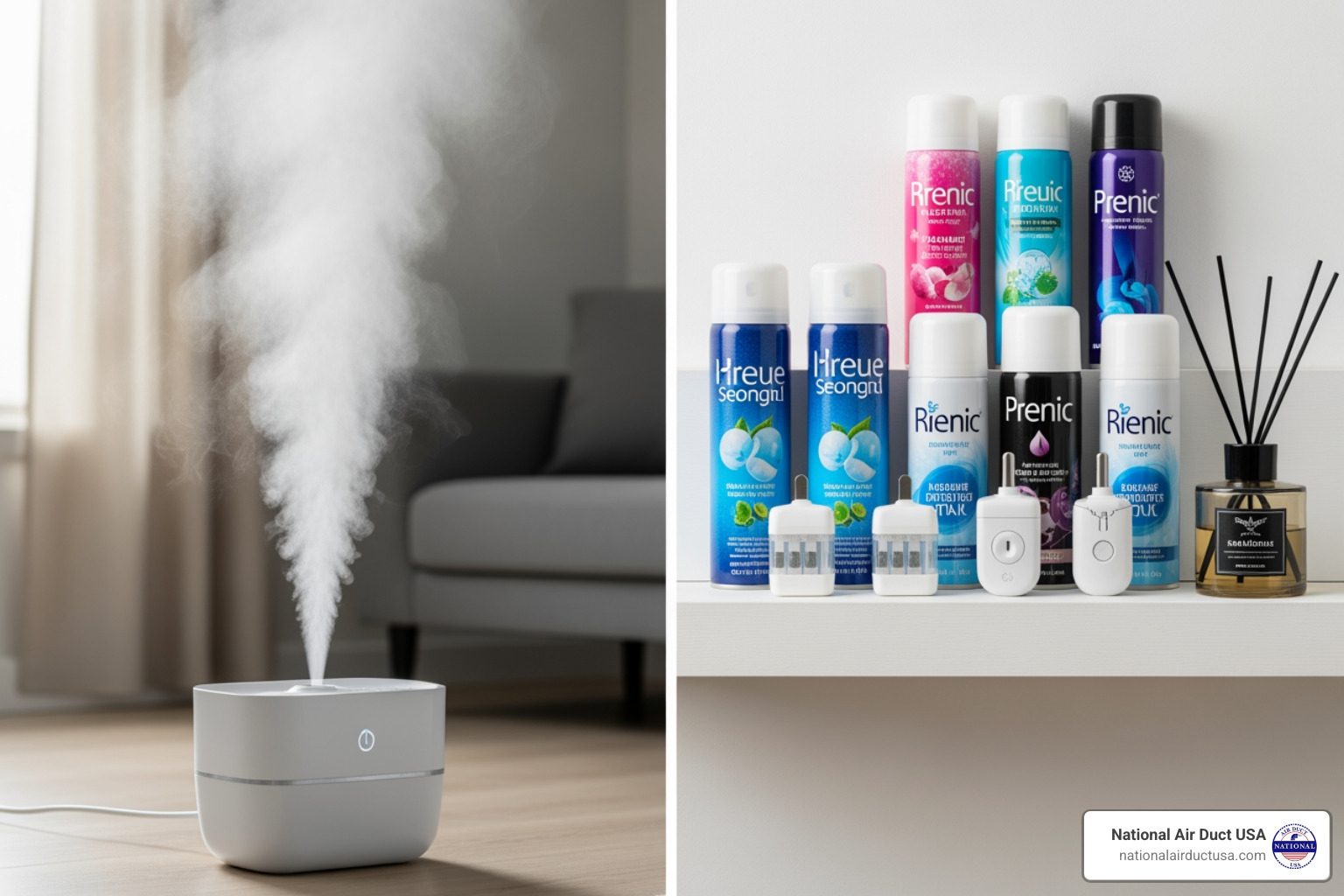split screen showing a fogger on one side and a collection of regular air fresheners on the other - fogging deodorizer