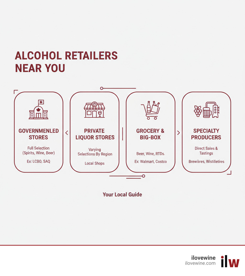 Infographic showing four main types of alcohol retailers: Government-Controlled Stores (LCBO, SAQ) with full selection including spirits; Private Liquor Stores with varying selections by region; Grocery and Big-Box Stores (Walmart, Costco, Trader Joe's) selling beer, wine, and RTDs; and Specialty Producers (breweries, wineries, distilleries) offering direct sales and tastings - where can you buy alcohol near me infographic 