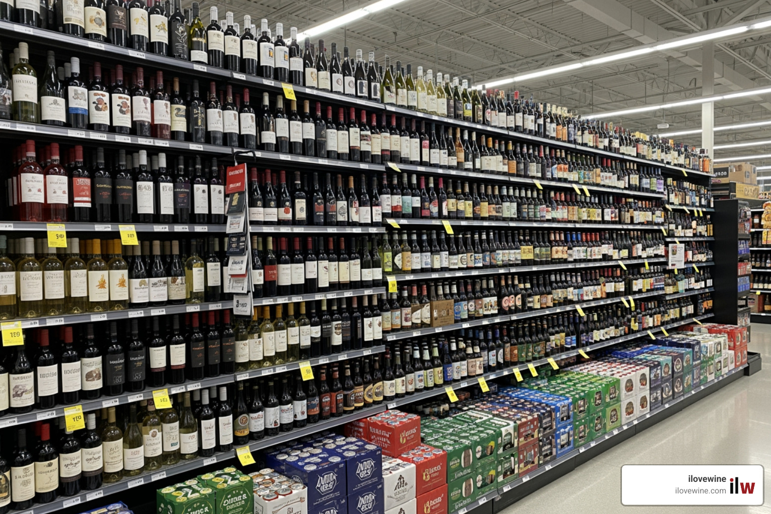 well-stocked wine and beer aisle in a grocery store - where can you buy alcohol near me