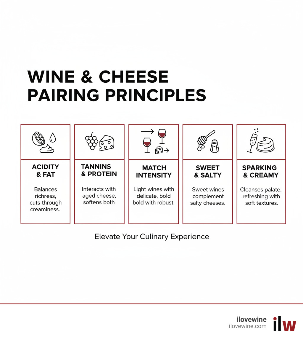 infographic showing key pairing principles: acidity balances fat and cuts richness, tannins interact with protein and fat in aged cheese, match intensity levels between wine and cheese for harmony, sweet wines complement salty cheeses, and sparkling wines cleanse the palate with creamy textures - Cheese and wine pairing infographic infographic showing key pairing principles: acidity balances fat and cuts richness, tannins interact with protein and fat in aged cheese, match intensity levels between wine and cheese for harmony, sweet wines complement salty cheeses, and sparkling wines cleanse the palate with creamy textures - Cheese and wine pairing infographic