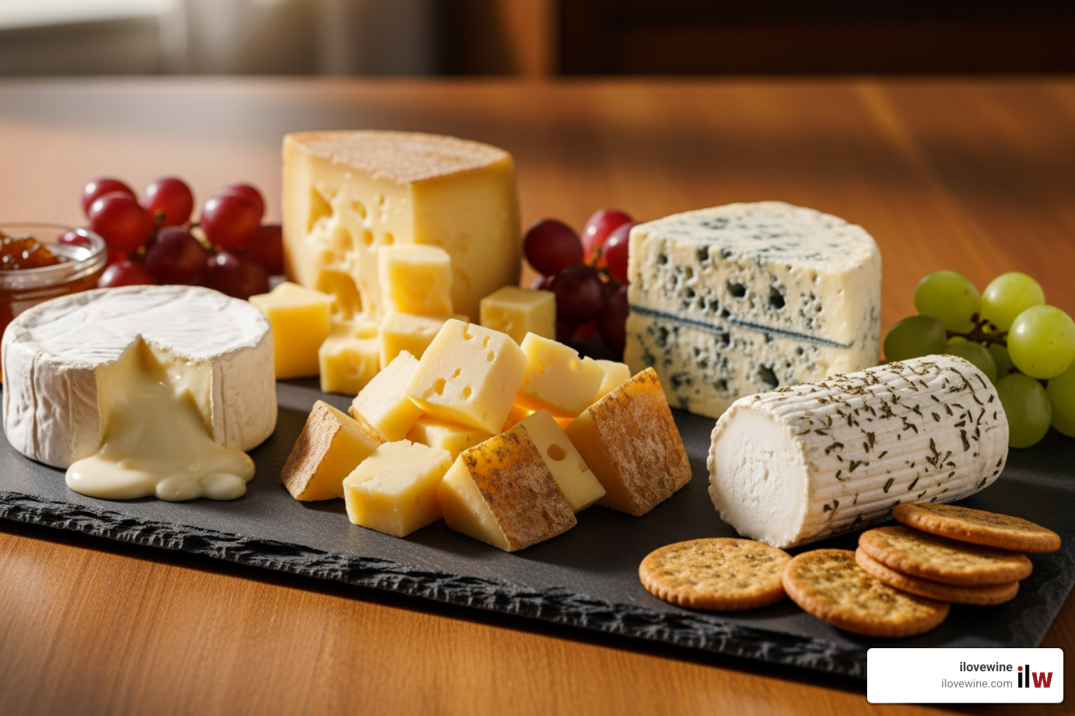 four distinct cheese types (soft, hard, blue, goat) on a slate board - Cheese and wine pairing four distinct cheese types (soft, hard, blue, goat) on a slate board - Cheese and wine pairing