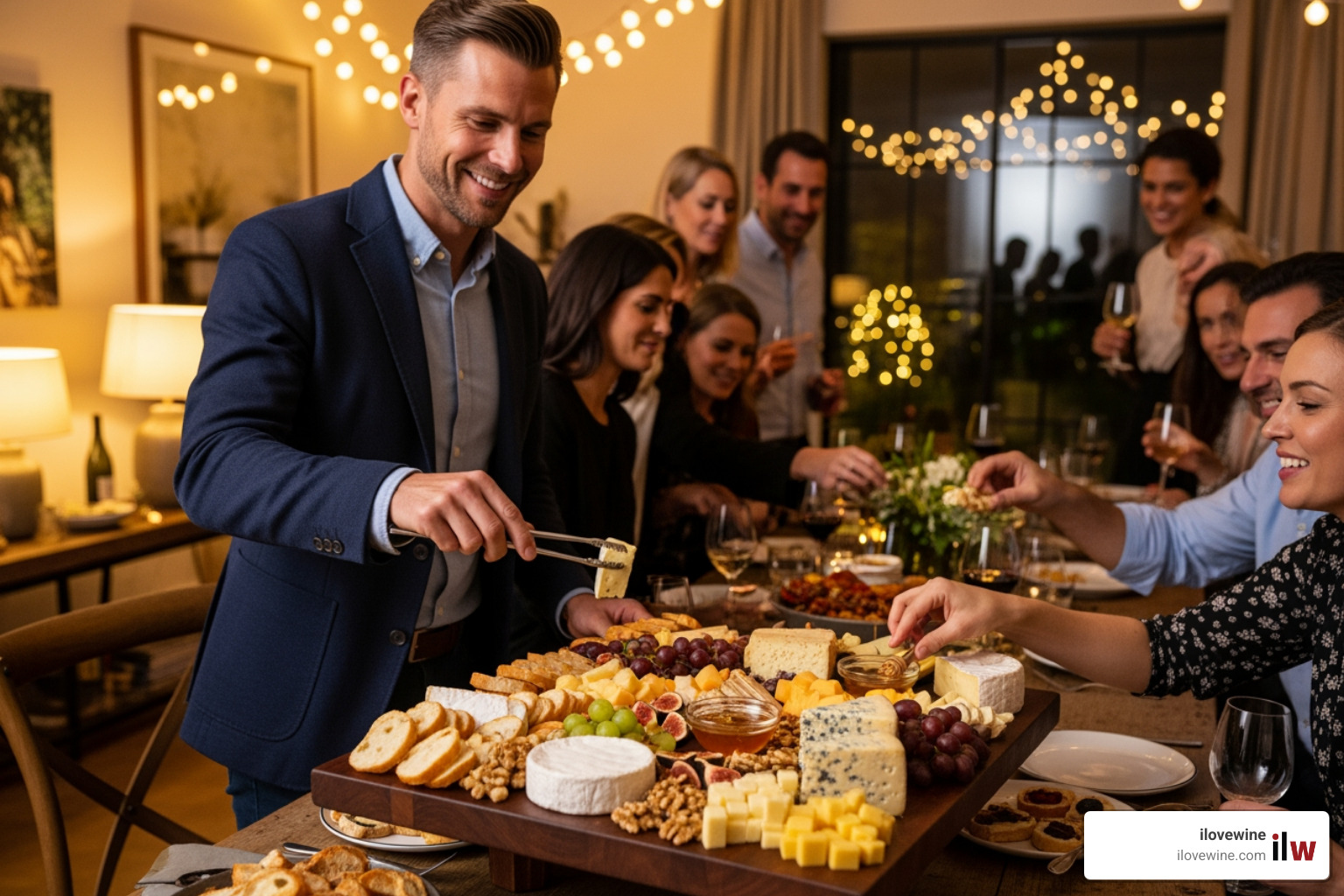 host serving a cheese board at a party - Cheese and wine pairing host serving a cheese board at a party - Cheese and wine pairing