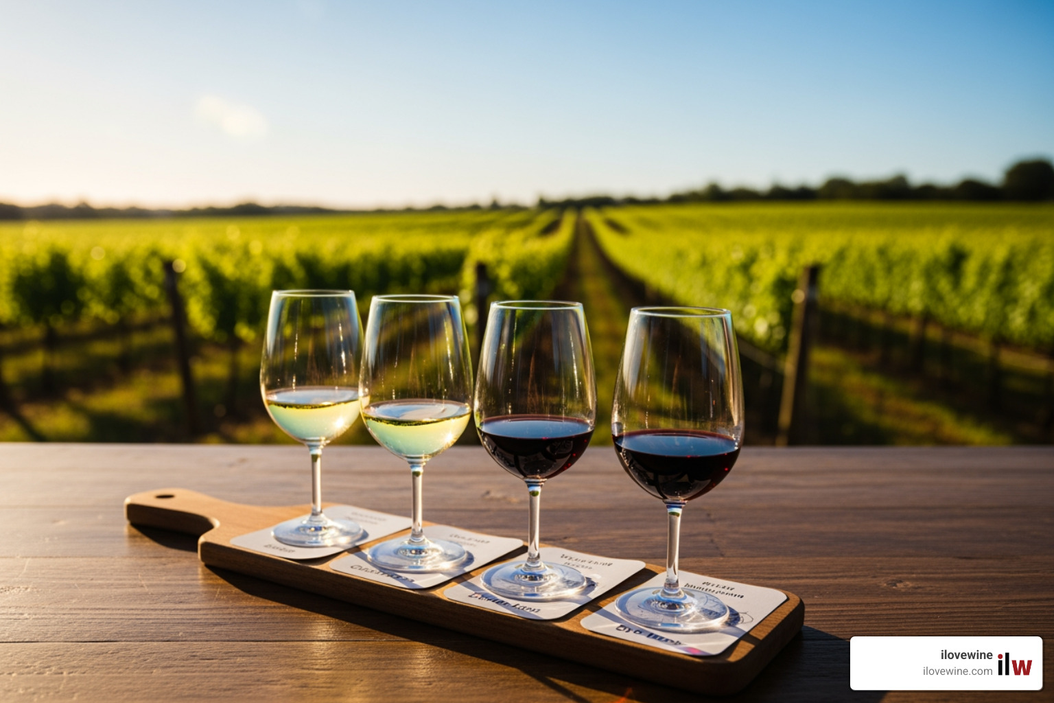 wine tasting flight set against a vineyard backdrop - California wine regions map