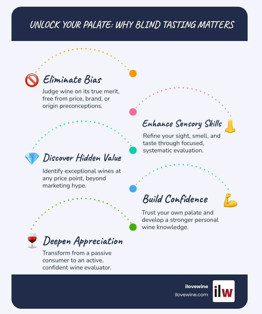 Infographic showing the four main benefits of blind tasting wine: 1) Removes bias from price, brand, and origin, 2) Develops sensory skills through systematic evaluation of sight, nose, and palate, 3) Helps identify value wines that taste as good as expensive bottles, 4) Builds confidence in your own taste preferences and wine knowledge - blind tasting wine infographic infographic-line-5-steps-blues-accent_colors Infographic showing the four main benefits of blind tasting wine: 1) Removes bias from price, brand, and origin, 2) Develops sensory skills through systematic evaluation of sight, nose, and palate, 3) Helps identify value wines that taste as good as expensive bottles, 4) Builds confidence in your own taste preferences and wine knowledge - blind tasting wine infographic infographic-line-5-steps-blues-accent_colors
