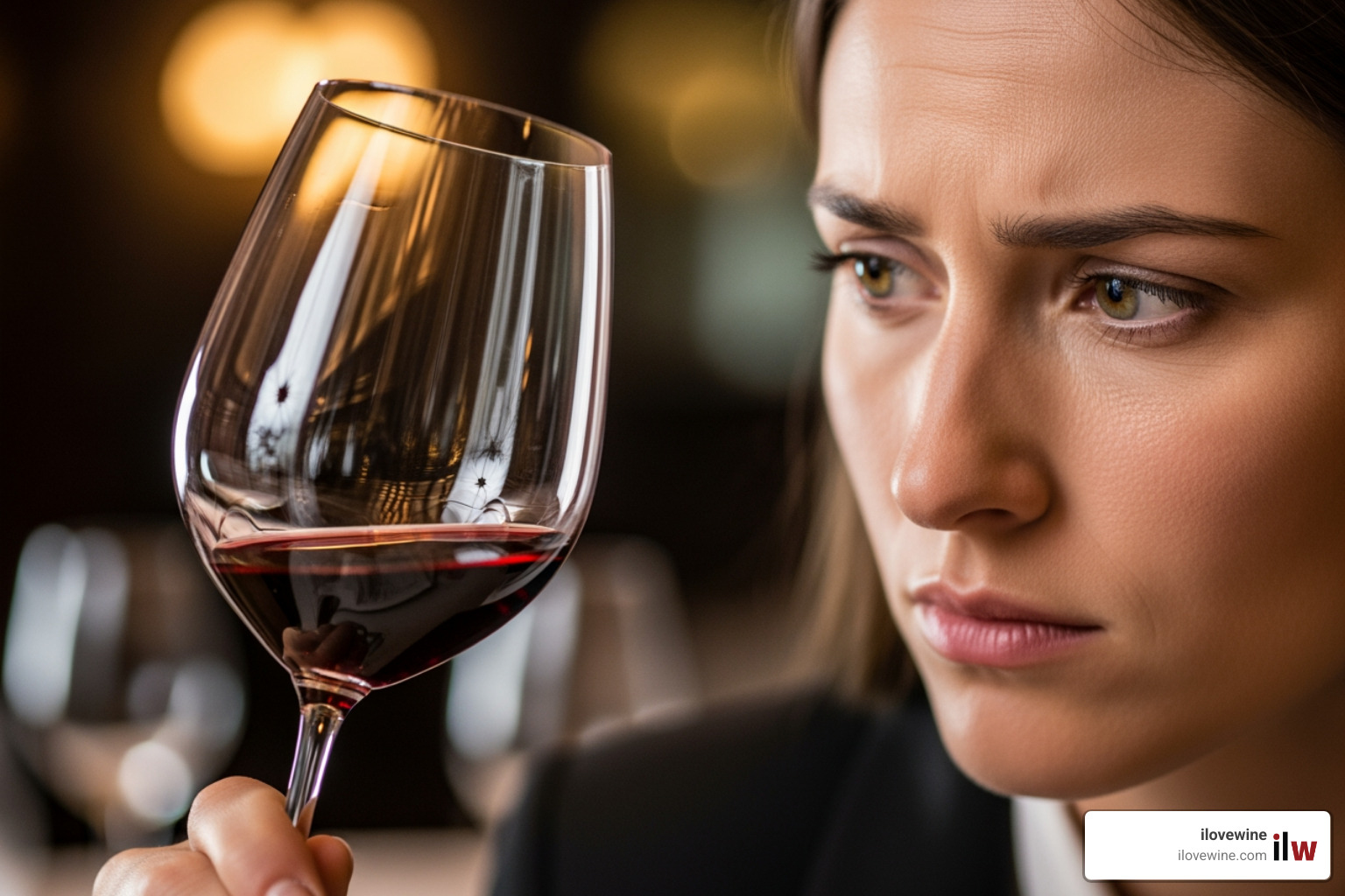 person looking skeptically at a wine glass - blind tasting wine person looking skeptically at a wine glass - blind tasting wine