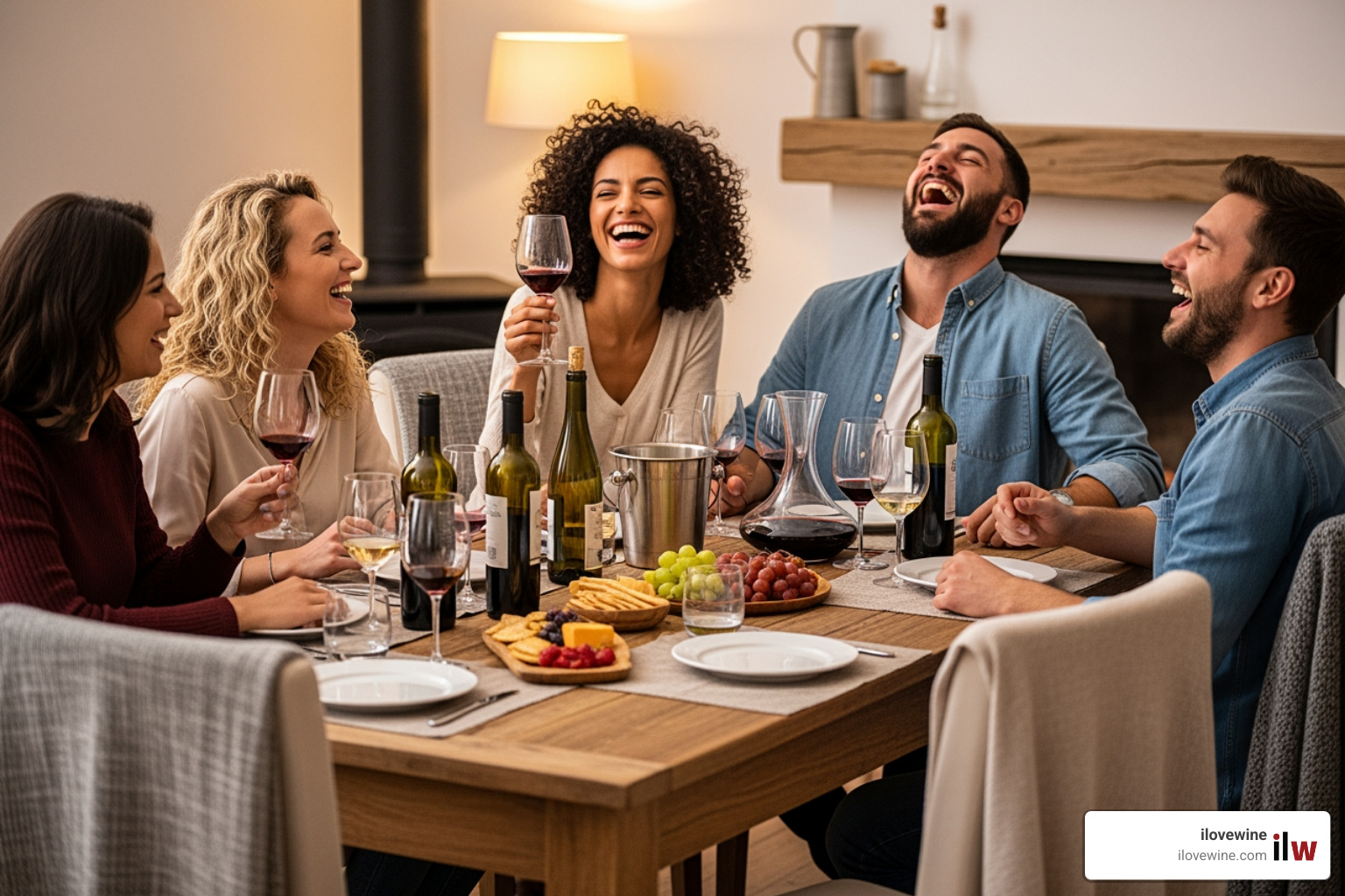 group of friends laughing while participating in a home wine tasting - blind tasting wine group of friends laughing while participating in a home wine tasting - blind tasting wine