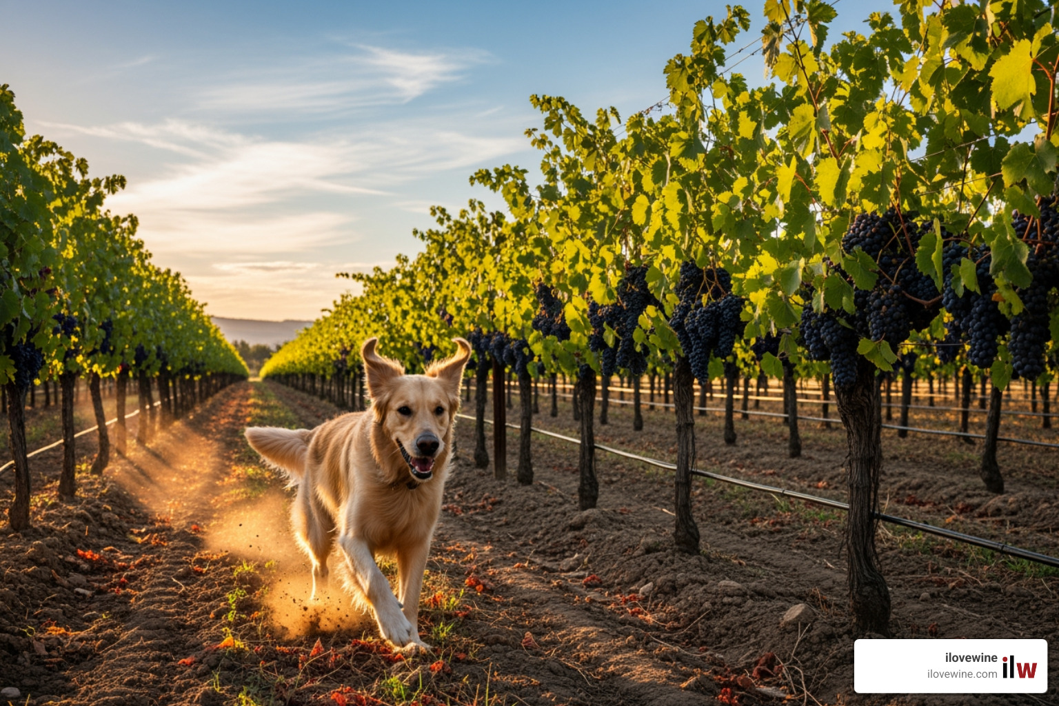 dog running through vineyards at Kunde Family Winery - Dog-friendly wineries California
