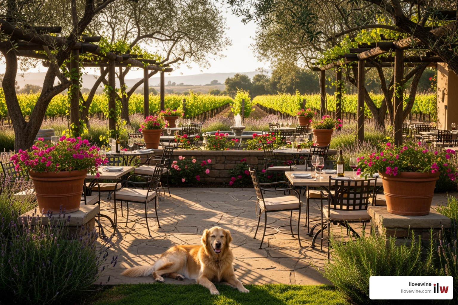 scenic garden courtyard at Tamber Bey Vineyards with a dog lounging - Dog-friendly wineries California
