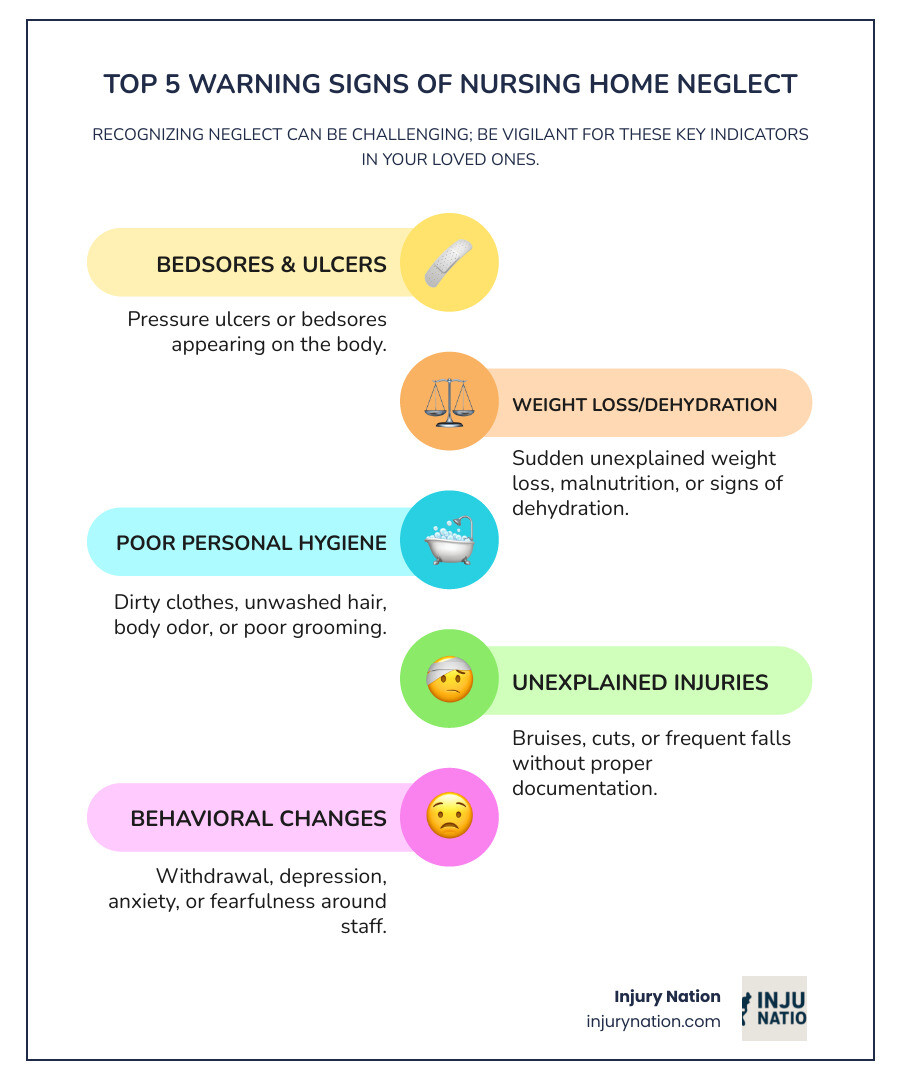 Infographic showing the top 5 warning signs of nursing home neglect: 1. Bedsores or pressure ulcers appearing on the body, 2. Sudden unexplained weight loss or signs of dehydration and malnutrition, 3. Poor personal hygiene including dirty clothes, unwashed hair, or body odor, 4. Unexplained bruises, cuts, or frequent falls without proper documentation, 5. Behavioral changes such as withdrawal, depression, anxiety, or fearfulness around staff members - Nursing home neglect infographic infographic-line-5-steps-colors