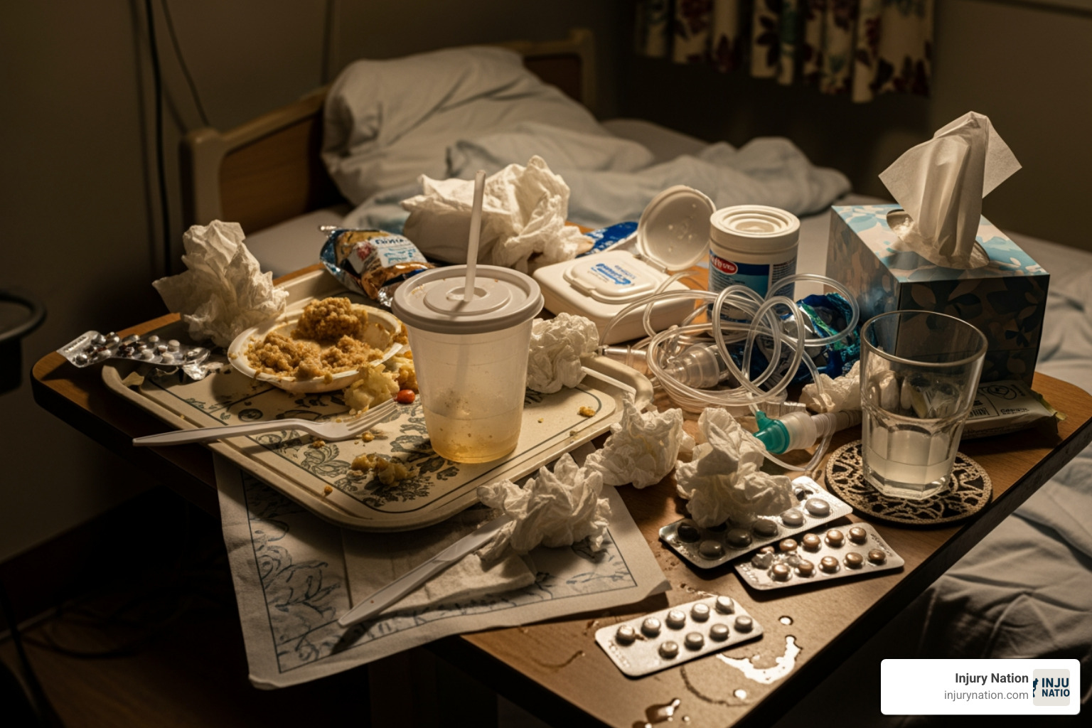 Cluttered and unsanitary nursing home bedside table - Nursing home neglect
