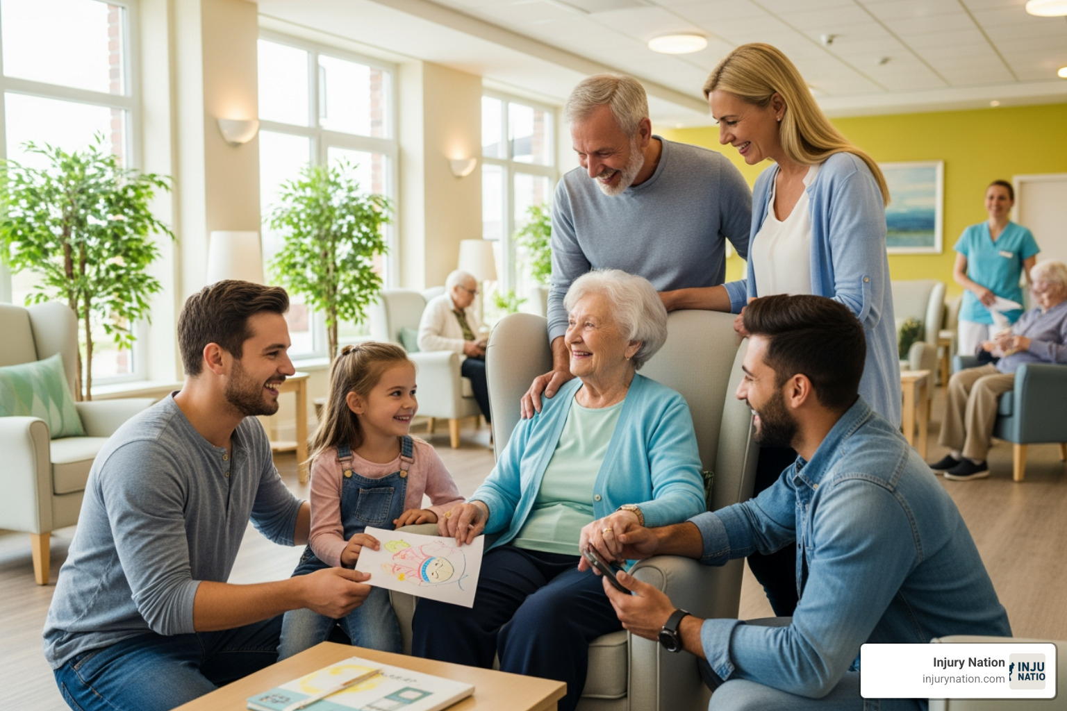 Family happily visiting an elderly relative in a well-maintained facility - Nursing home neglect