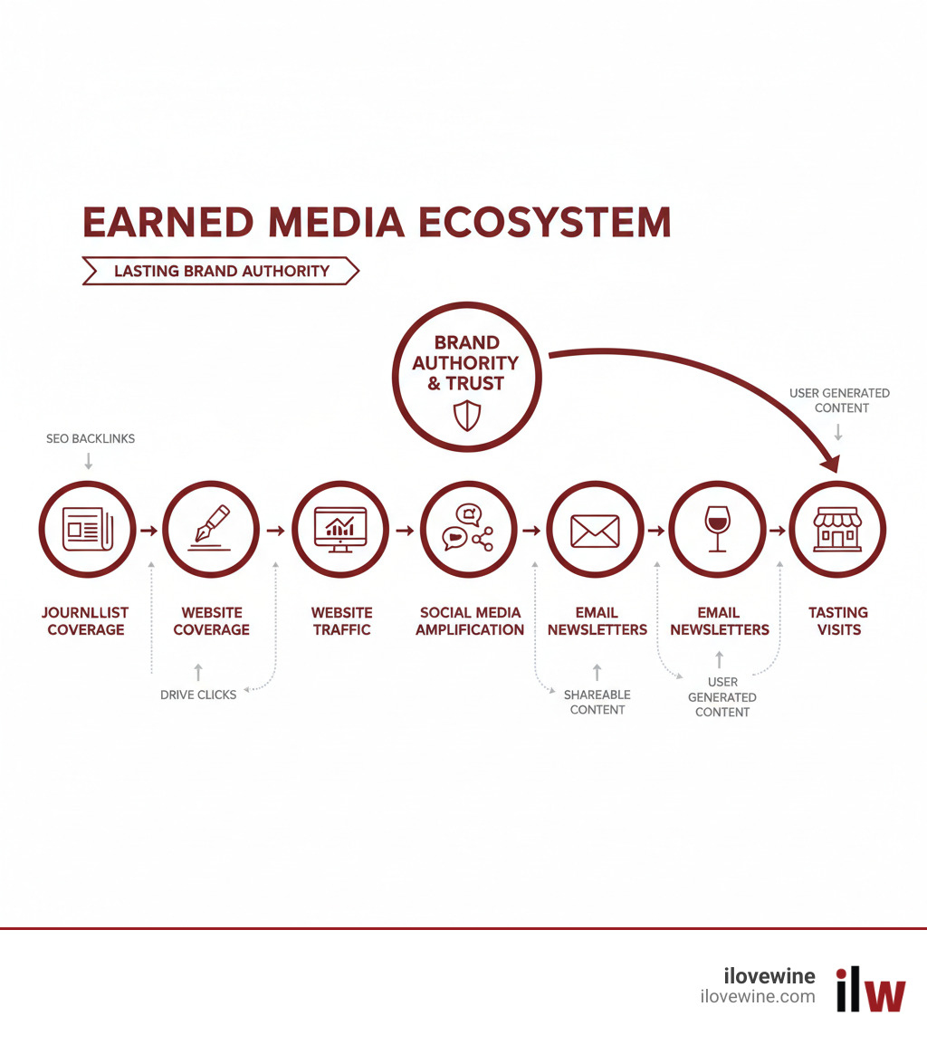 Infographic showing how earned media coverage flows through journalist coverage, website traffic, social media amplification, email newsletters, and tasting room visits to build lasting brand authority - Secure media coverage infographic 