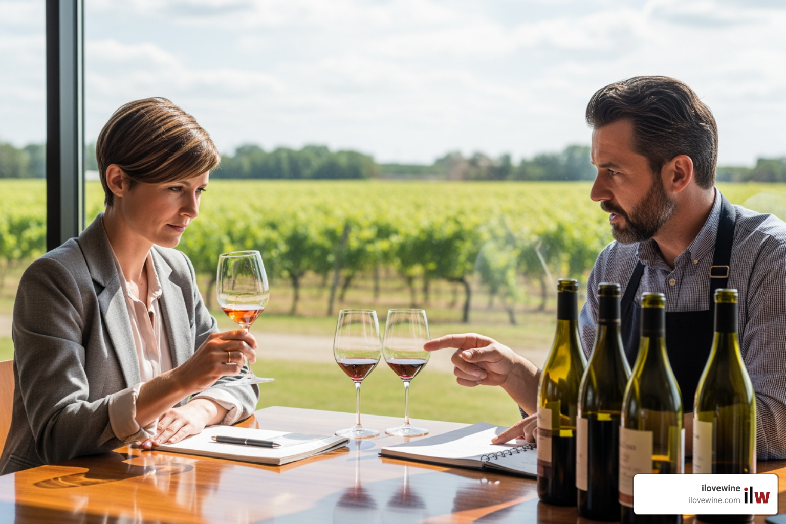 Journalist and winemaker tasting wine together - Secure media coverage