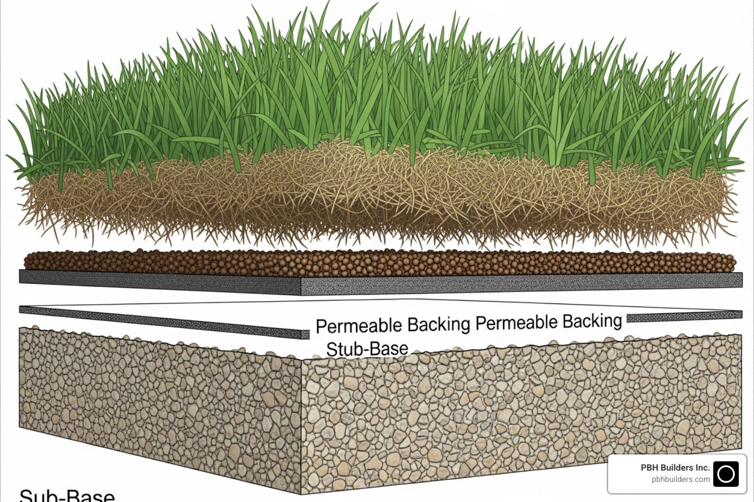 Cross-section diagram of artificial turf showing the compacted sub-base, permeable backing, infill granules, and upright grass blades with thatch layer - faux grass