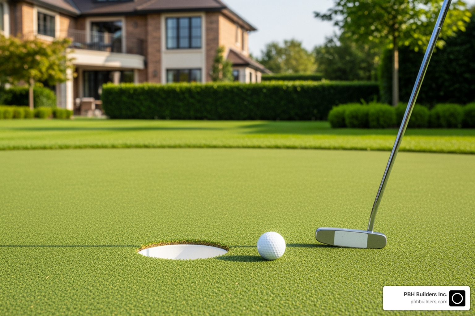 Pristine backyard putting green with a golf ball and putter - faux grass