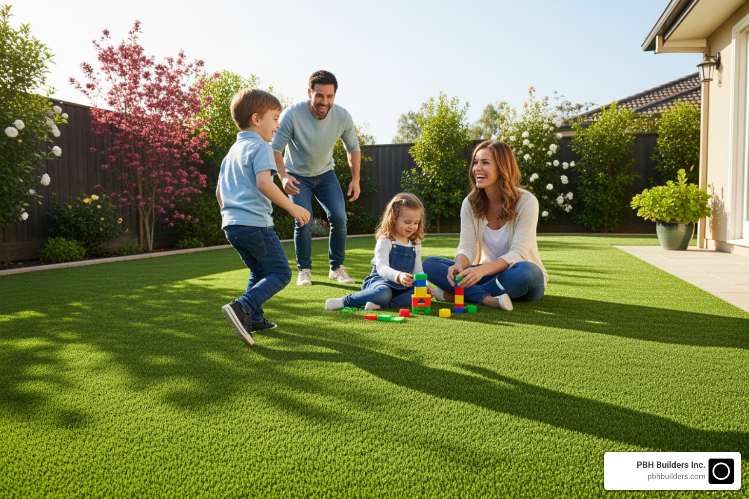 Family playing on a clean, green artificial grass lawn - faux grass