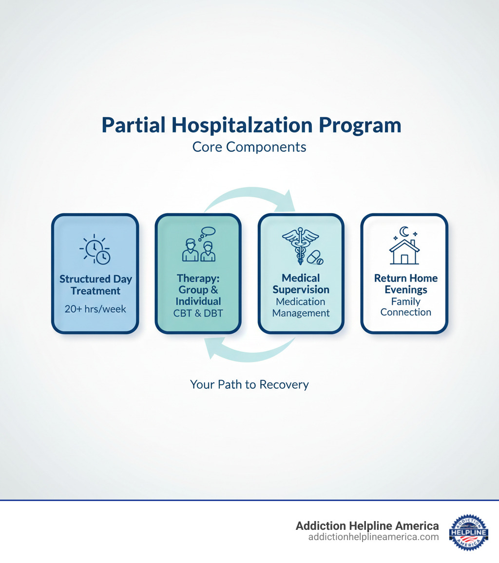 infographic showing the core components of a partial hospitalization program: Structured Day Treatment with 20+ hours per week of programming, Group & Individual Therapy including CBT and DBT, Medical Supervision from psychiatrists and nurses for medication management and monitoring, and Returning Home in the Evenings to maintain family connections and daily responsibilities - partial hospitalization program infographic infographic showing the core components of a partial hospitalization program: Structured Day Treatment with 20+ hours per week of programming, Group & Individual Therapy including CBT and DBT, Medical Supervision from psychiatrists and nurses for medication management and monitoring, and Returning Home in the Evenings to maintain family connections and daily responsibilities - partial hospitalization program infographic