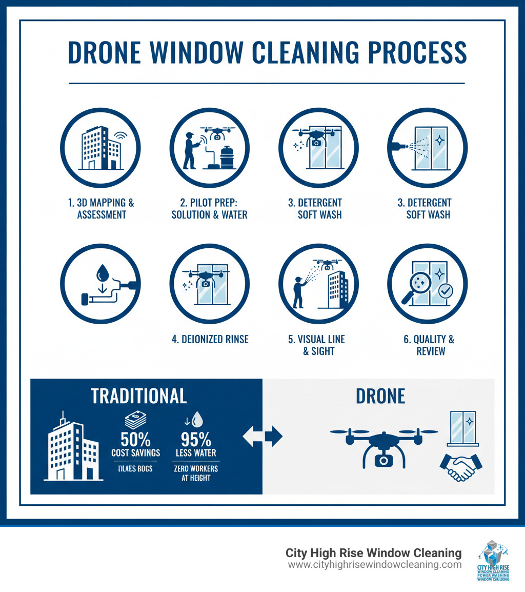 infographic showing drone window cleaning process: step 1 initial building assessment and 3d mapping, step 2 faa certified pilot prepares drone with cleaning solution tank and purified water system, step 3 drone applies eco friendly detergent using low pressure soft wash system, step 4 rinse with deionized water for spot free streak free finish, step 5 ground based pilot maintains visual line of sight throughout cleaning, step 6 quality inspection and client review, includes comparison showing 50 percent cost savings 95 percent less water zero workers at height - drone window cleaning nyc infographic infographic showing drone window cleaning process: step 1 initial building assessment and 3d mapping, step 2 faa certified pilot prepares drone with cleaning solution tank and purified water system, step 3 drone applies eco friendly detergent using low pressure soft wash system, step 4 rinse with deionized water for spot free streak free finish, step 5 ground based pilot maintains visual line of sight throughout cleaning, step 6 quality inspection and client review, includes comparison showing 50 percent cost savings 95 percent less water zero workers at height - drone window cleaning nyc infographic