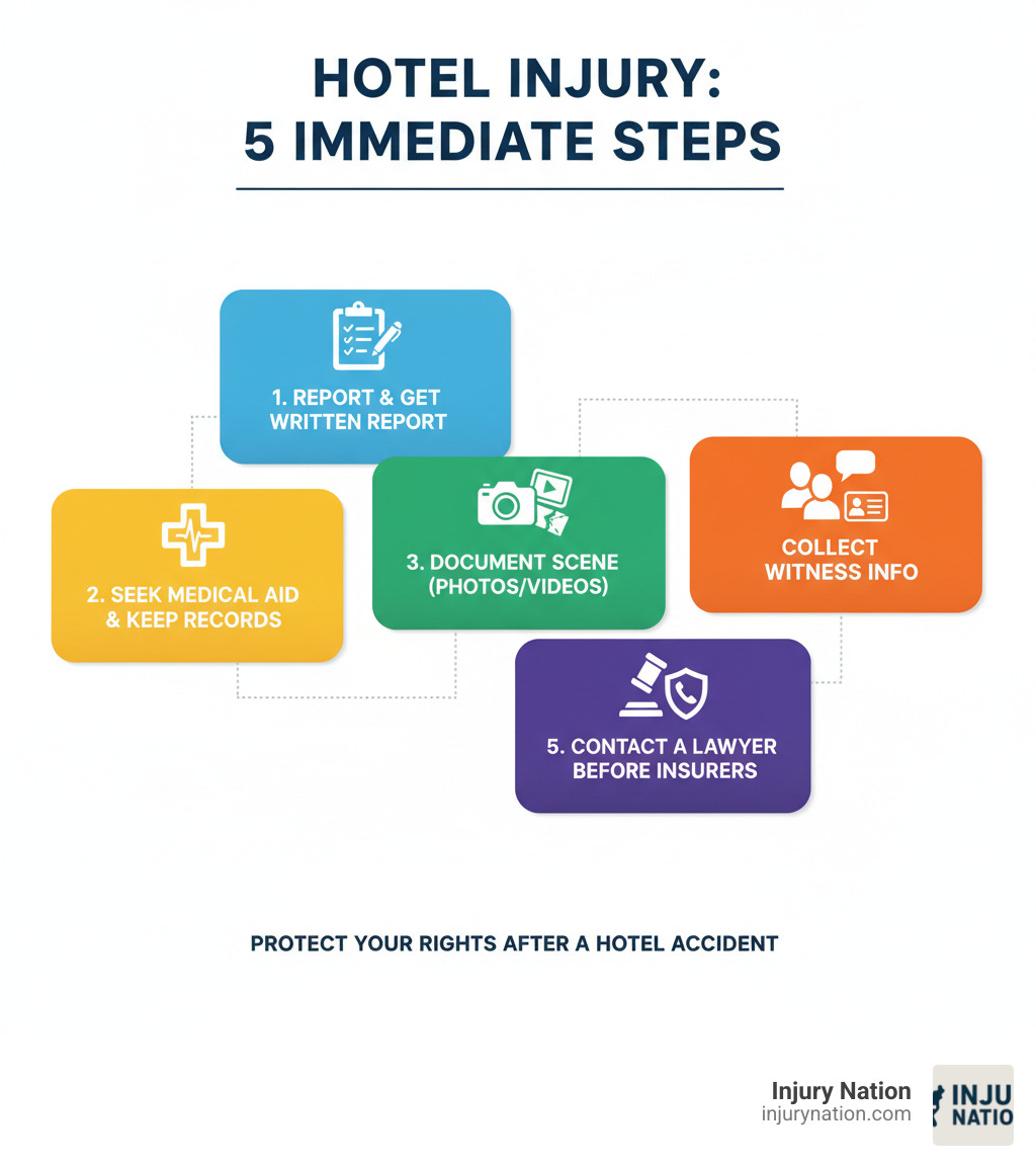 Infographic showing 5 immediate steps after a hotel injury: 1. Report the incident to hotel management and request a written incident report. 2. Seek immediate medical attention and keep all medical records. 3. Document the scene with photos and videos of the hazard that caused your injury. 4. Collect witness contact information from hotel staff and other guests. 5. Contact a hotel injury lawyer before speaking to the hotel's insurance company. - Hotel injury lawyer infographic 