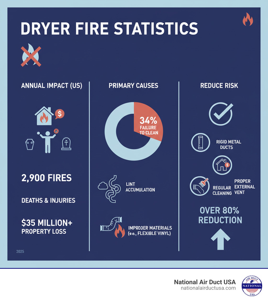 Infographic showing dryer fire statistics: 2,900 clothes dryer fires reported annually in the US resulting in deaths, injuries, and $35 million in property loss; primary causes include failure to clean (34%), lint accumulation in ducts, and improper duct materials like flexible vinyl which is highly flammable; proper installation with rigid metal ducts, regular cleaning, and correct termination outside reduces fire risk by over 80% - dryer duct installation infographic 