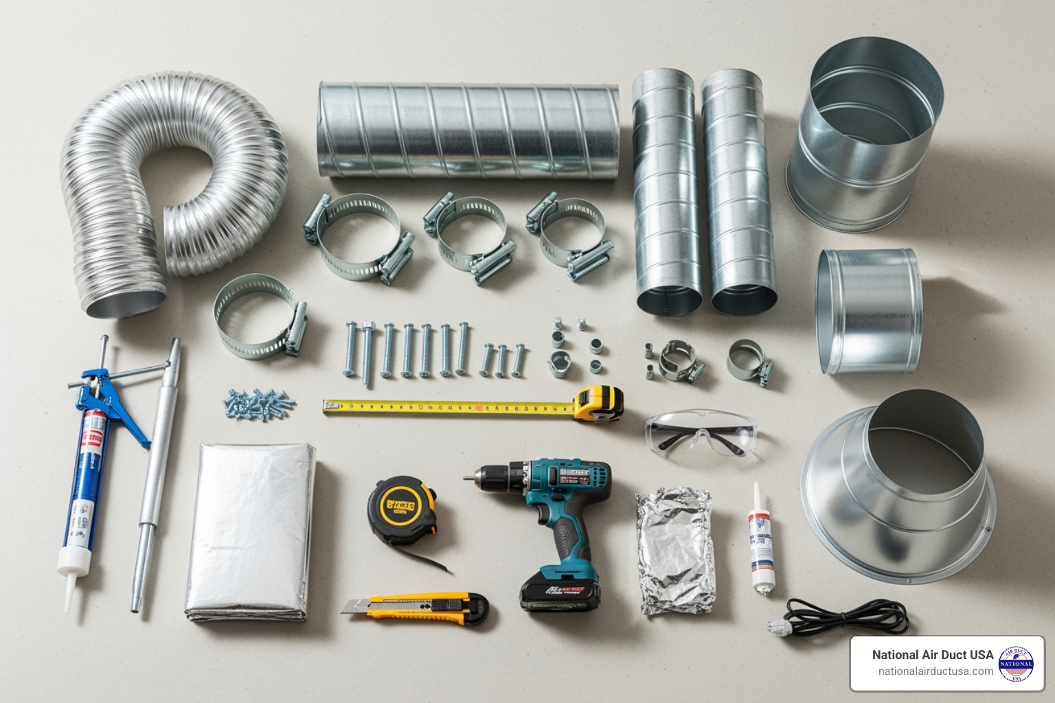 Necessary tools and materials for dryer duct installation laid out on a clean floor - dryer duct installation