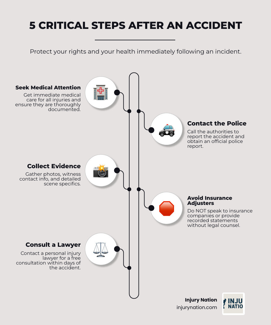 infographic showing 5 critical steps after an accident: 1. Seek immediate medical attention and document all injuries, 2. Call police and obtain accident report, 3. Collect evidence - photos, witness information, scene details, 4. Do NOT speak to insurance adjusters without legal counsel, 5. Contact a personal injury lawyer for free consultation within days - best personal injury lawyers for accident cases infographic infographic-line-5-steps-elegant_beige infographic showing 5 critical steps after an accident: 1. Seek immediate medical attention and document all injuries, 2. Call police and obtain accident report, 3. Collect evidence - photos, witness information, scene details, 4. Do NOT speak to insurance adjusters without legal counsel, 5. Contact a personal injury lawyer for free consultation within days - best personal injury lawyers for accident cases infographic infographic-line-5-steps-elegant_beige