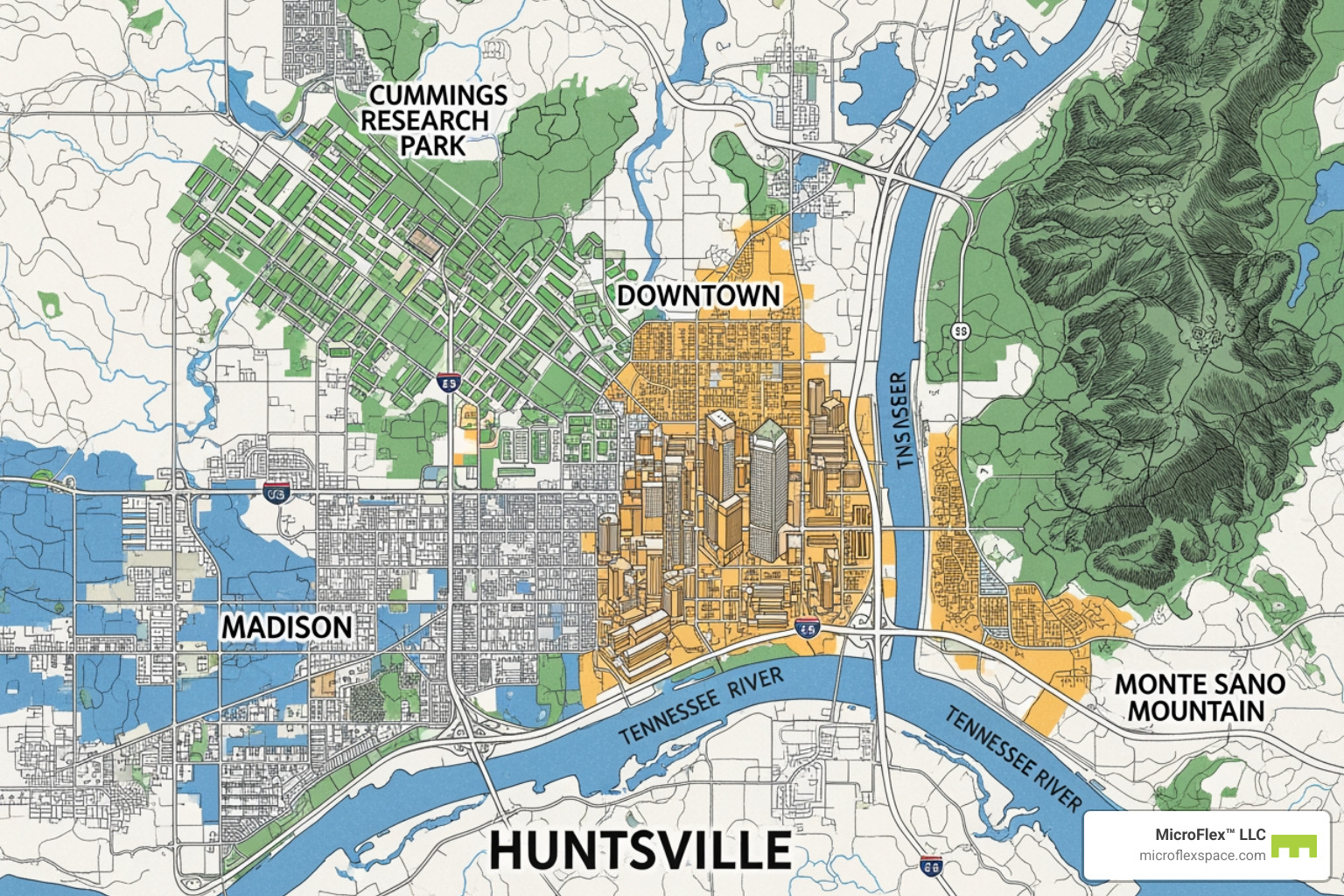 A map of Huntsville highlighting the key business districts of Cummings Research Park, Downtown, and Madison - Office Space Huntsville A map of Huntsville highlighting the key business districts of Cummings Research Park, Downtown, and Madison - Office Space Huntsville
