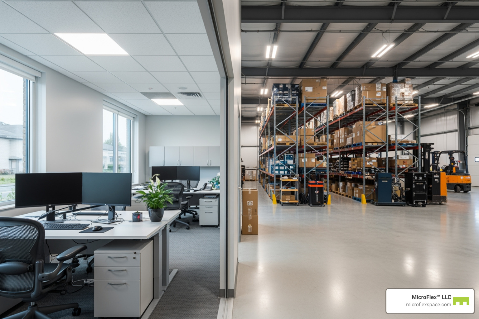A MicroFlex unit showcasing a clean office area connected to a spacious, organized warehouse/storage section - Office Space Huntsville A MicroFlex unit showcasing a clean office area connected to a spacious, organized warehouse/storage section - Office Space Huntsville