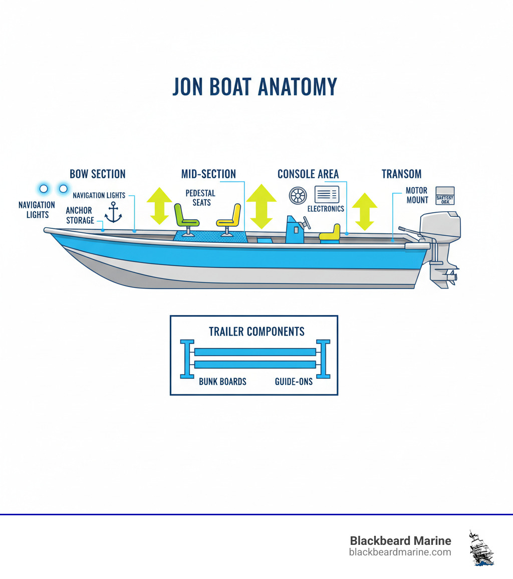 Detailed infographic showing jon boat anatomy with labeled parts including bow section with lights and anchor storage, mid-section with pedestal seats and casting deck, console area with electronics and steering, transom with motor mount and battery box, plus a separate detail of trailer components like bunk boards and guide-ons - jon boat parts infographic Detailed infographic showing jon boat anatomy with labeled parts including bow section with lights and anchor storage, mid-section with pedestal seats and casting deck, console area with electronics and steering, transom with motor mount and battery box, plus a separate detail of trailer components like bunk boards and guide-ons - jon boat parts infographic