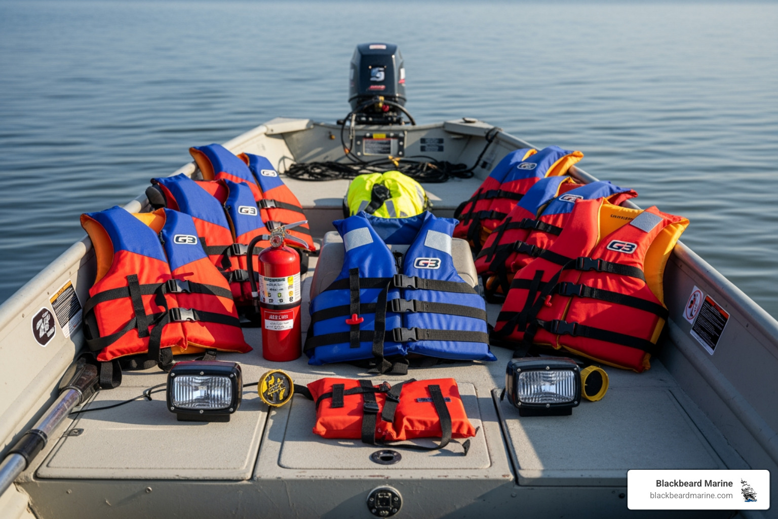 essential safety gear, including life jackets, a fire extinguisher, and navigation lights, arranged on the deck of a G3 or Lowe jon boat - jon boat parts essential safety gear, including life jackets, a fire extinguisher, and navigation lights, arranged on the deck of a G3 or Lowe jon boat - jon boat parts