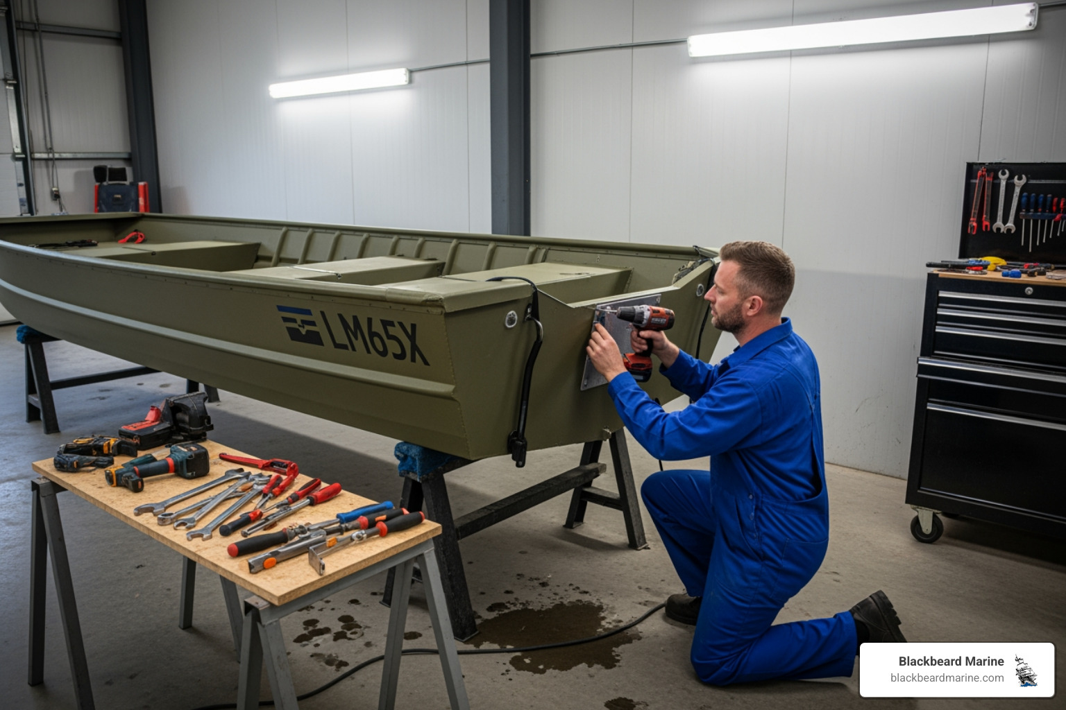 boat technician installing a part on a jon boat in a workshop - jon boat parts boat technician installing a part on a jon boat in a workshop - jon boat parts