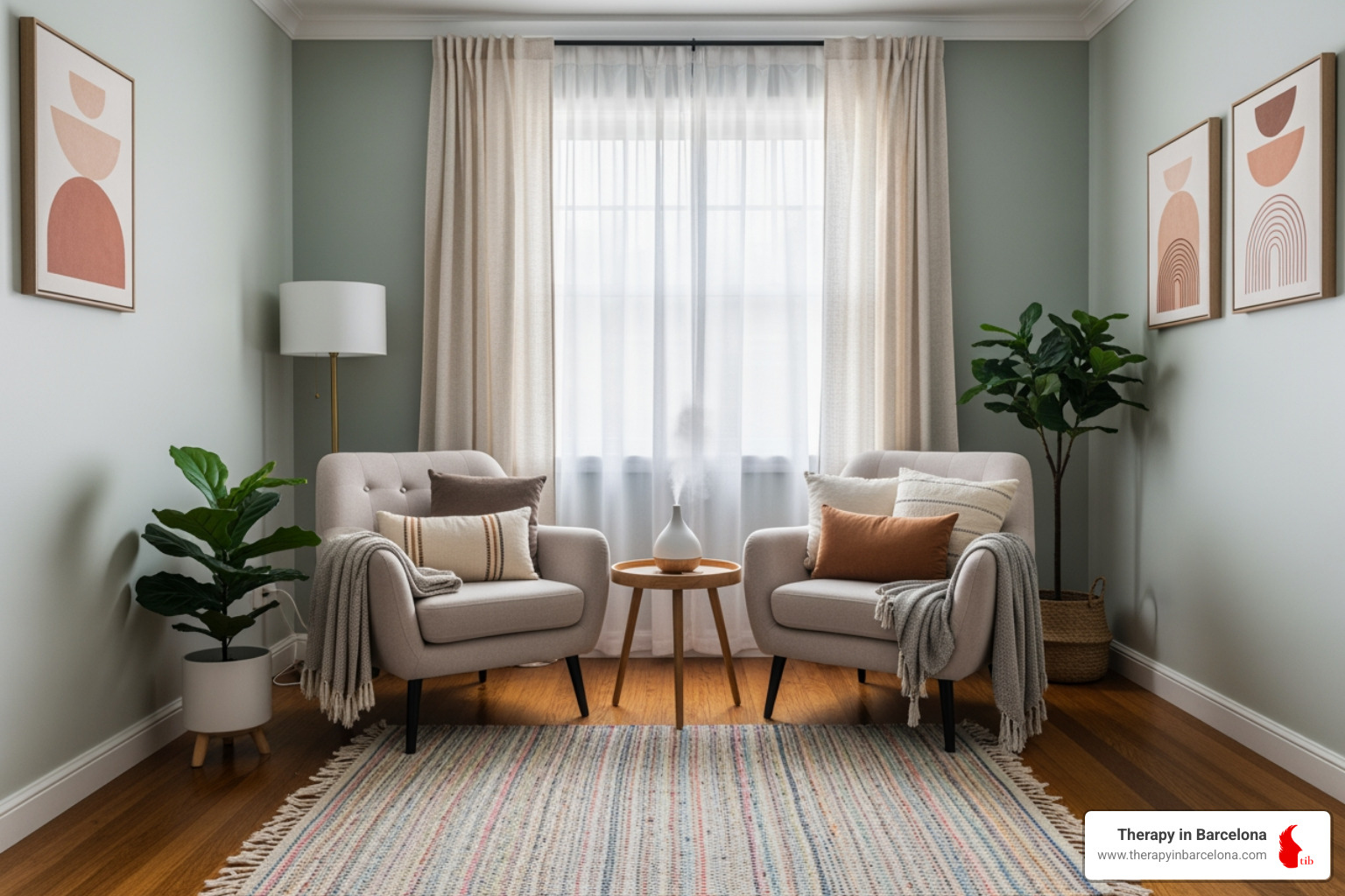 A serene therapy room with comfortable seating and soft lighting, suggesting a safe and calm environment - EMDR for complex PTSD