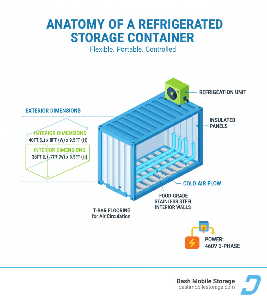 Infographic showing the anatomy of a refrigerated storage container with labeled components: refrigeration unit mounted on exterior wall, food-grade stainless steel interior walls, insulated panels throughout, T-bar flooring for air circulation underneath pallets, air flow arrows showing cold air distribution from unit through floor and back, exterior dimensions vs interior dimensions comparison, and power connection requirements (460V 3-phase) - refrigerated storage container rental infographic Infographic showing the anatomy of a refrigerated storage container with labeled components: refrigeration unit mounted on exterior wall, food-grade stainless steel interior walls, insulated panels throughout, T-bar flooring for air circulation underneath pallets, air flow arrows showing cold air distribution from unit through floor and back, exterior dimensions vs interior dimensions comparison, and power connection requirements (460V 3-phase) - refrigerated storage container rental infographic