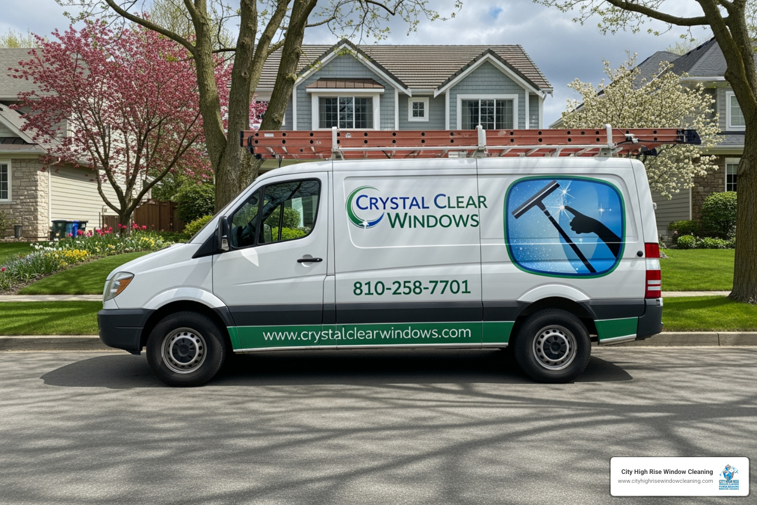 branded work van for a window cleaning business parked in a suburban neighborhood - window washing business branded work van for a window cleaning business parked in a suburban neighborhood - window washing business