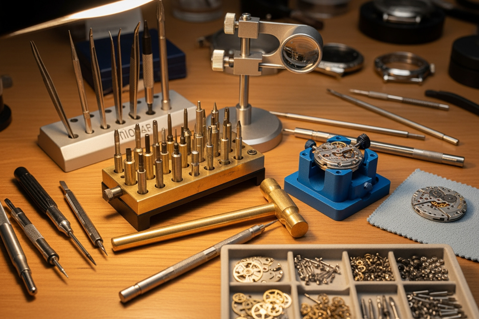 A watchmaker's bench with specialised tools like a staking set and movement holder. A watchmaker's bench with specialised tools like a staking set and movement holder.