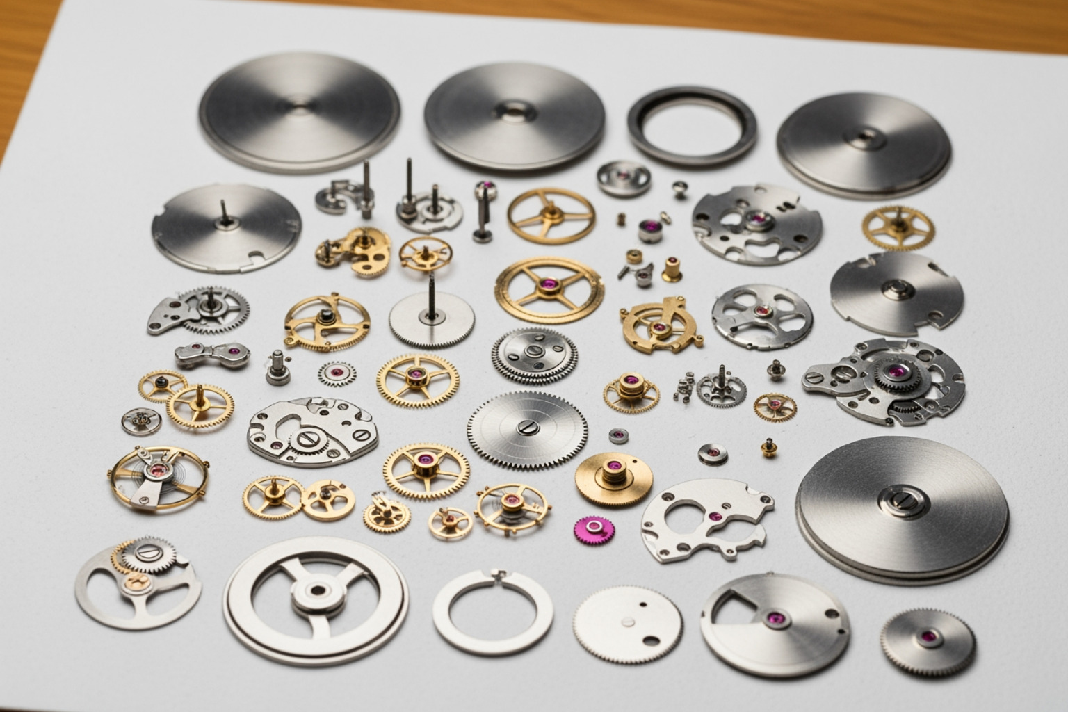 A disassembled Rolex movement laid out neatly on a watchmaker's mat. A disassembled Rolex movement laid out neatly on a watchmaker's mat.