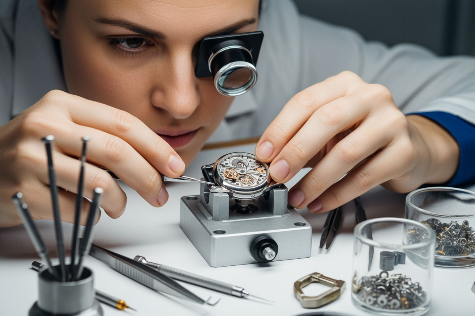 A watchmaker inspecting a luxury watch. A watchmaker inspecting a luxury watch.