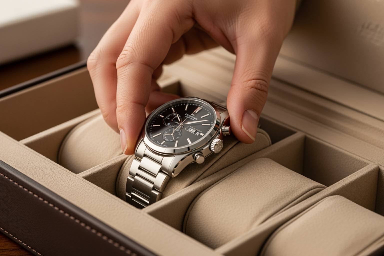 A luxury watch being carefully placed into a leather watch case. A luxury watch being carefully placed into a leather watch case.