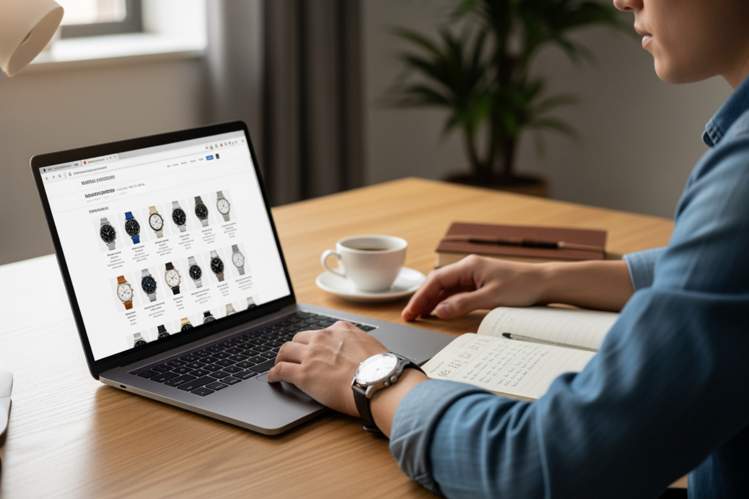 A person browsing online for watches. A person browsing online for watches.