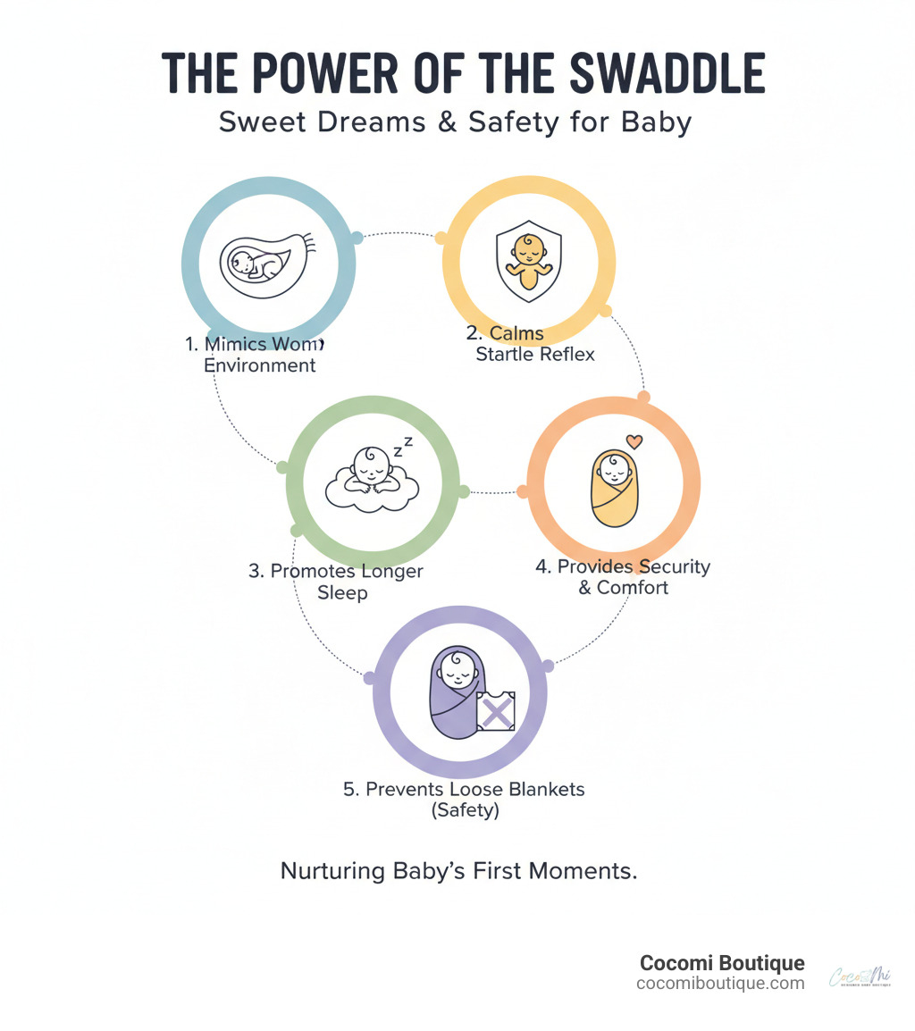 Infographic detailing the benefits of swaddling: mimics womb environment, calms startle reflex, promotes longer sleep, provides security, and prevents loose blankets for safety - best swaddles infographic 