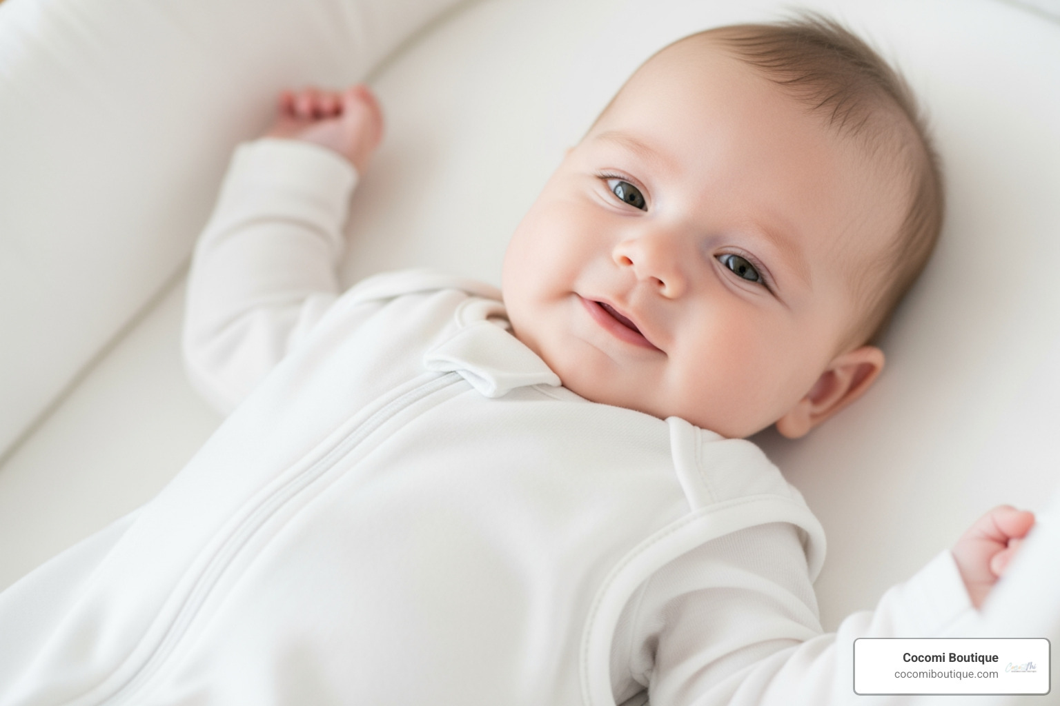 A slightly older baby in an arms-out sleep sack - best swaddles
