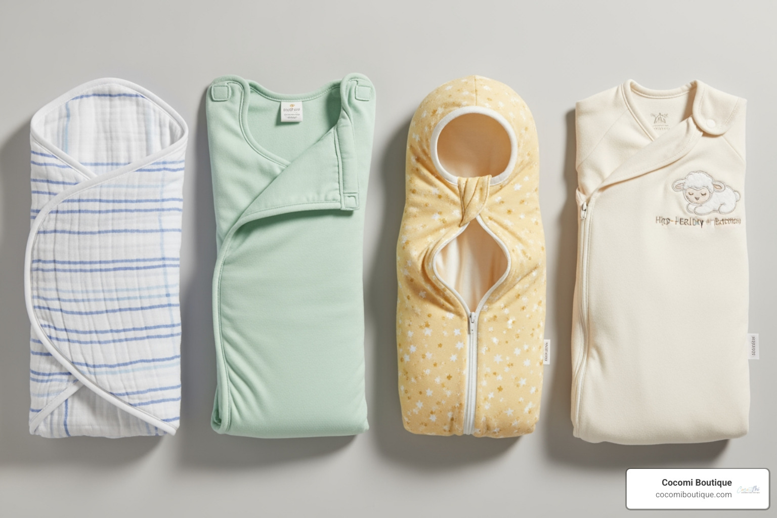 Four different swaddle types laid out side-by-side - best swaddles