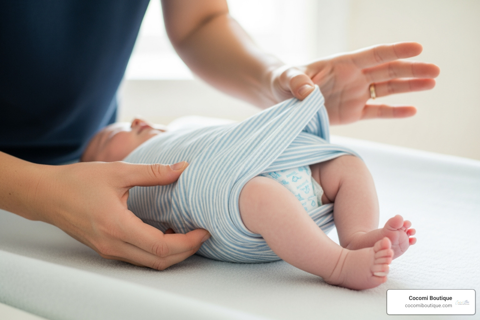 A parent checking the fit of a swaddle around a baby's hips - best swaddles