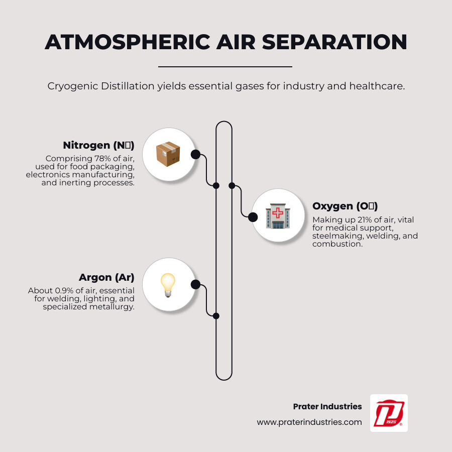 Infographic showing atmospheric air composition (78% Nitrogen, 21% Oxygen, 0.9% Argon) being separated through cryogenic distillation into three streams: high-purity nitrogen for food packaging and electronics, high-purity oxygen for medical use and steelmaking, and high-purity argon for welding and lighting - Air separation equipment infographic infographic-line-3-steps-elegant_beige