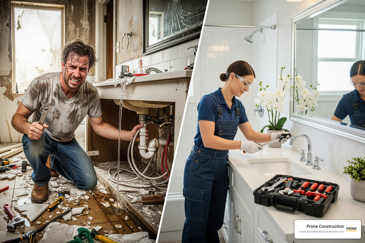 frustrated DIYer contrasting with a clean, professional contractor at work - cost of bathroom repair