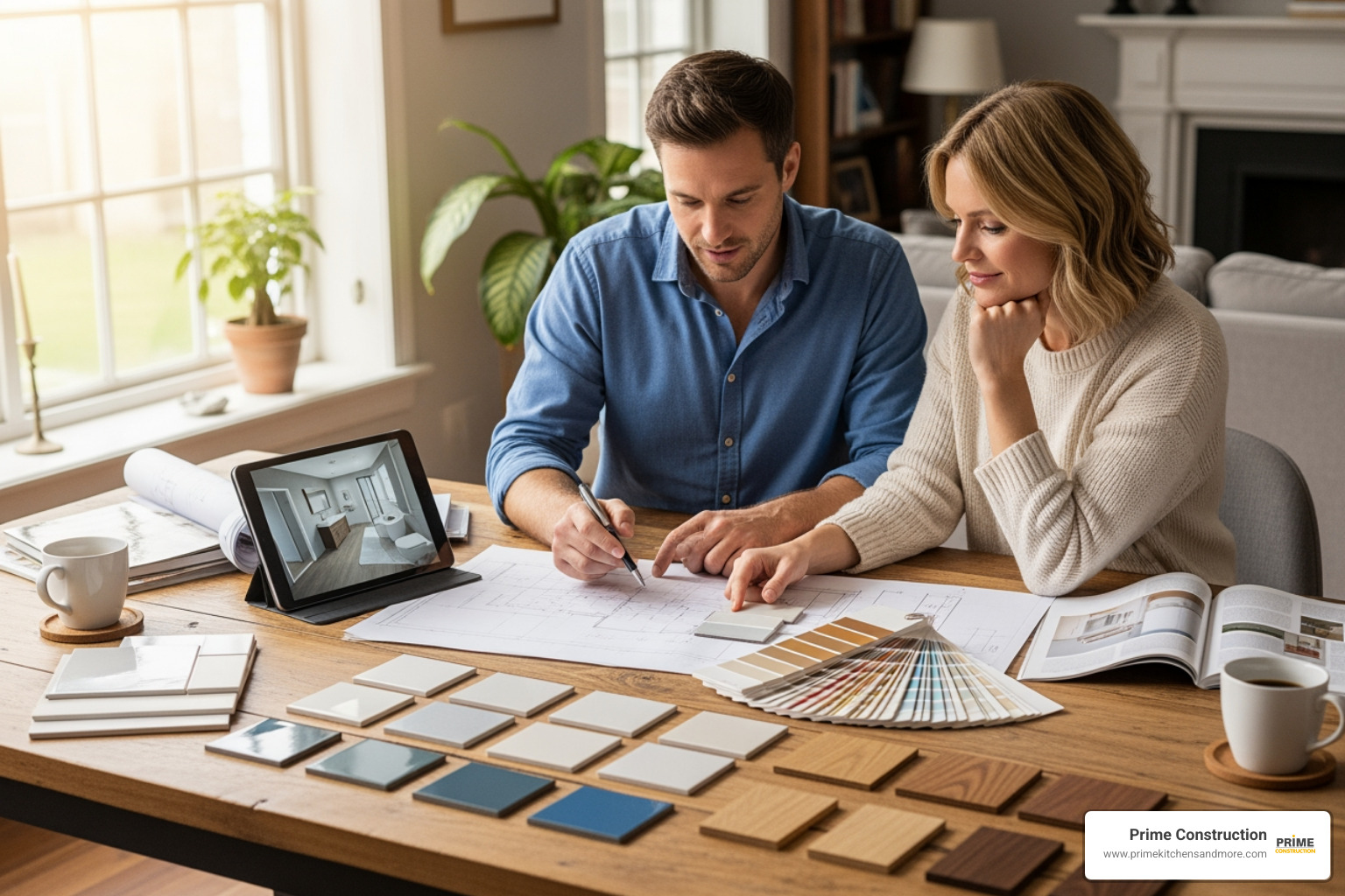 homeowner reviewing blueprints and material samples - cost of bathroom repair