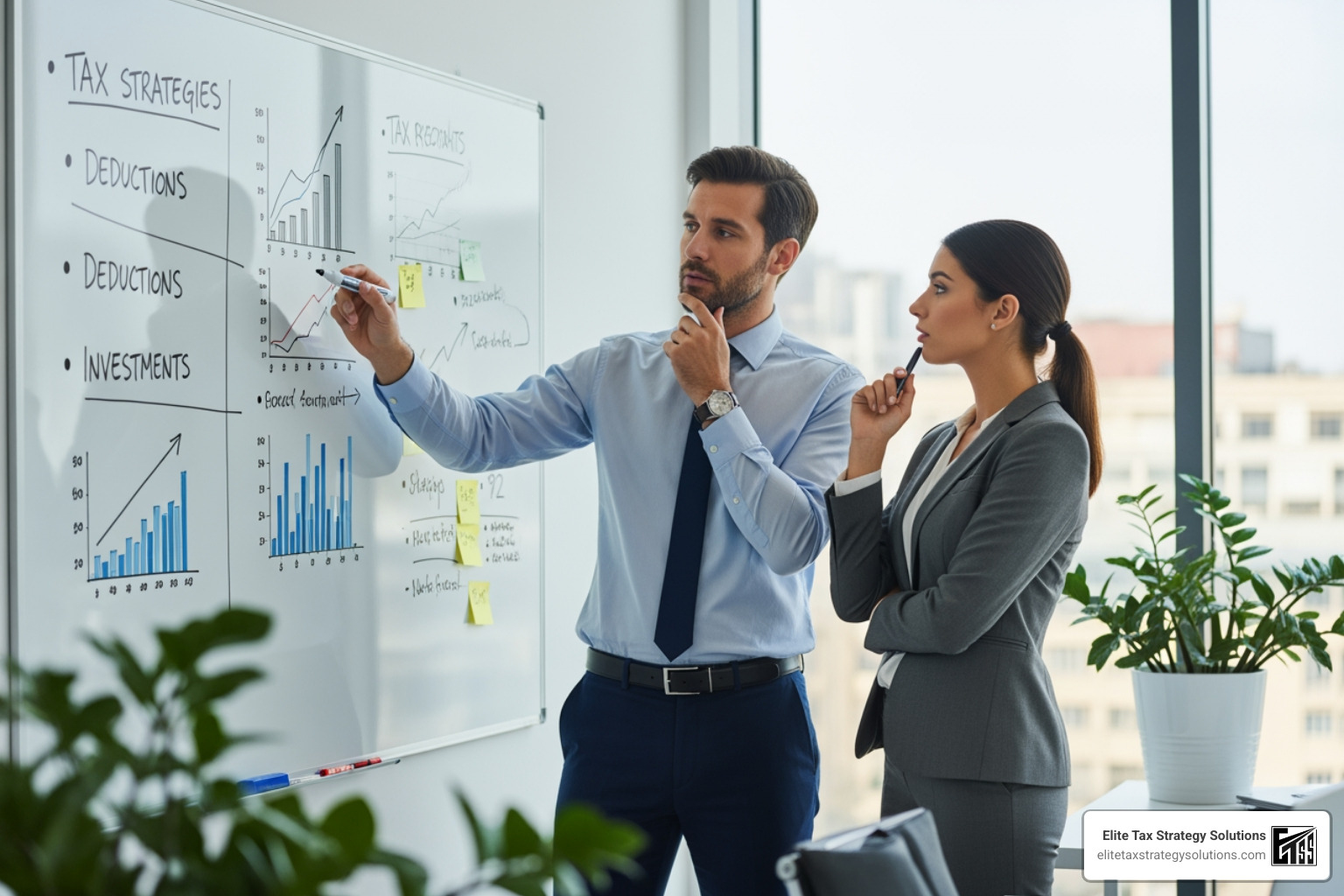 business owner and advisor looking at whiteboard - tax advisory and compliance business owner and advisor looking at whiteboard - tax advisory and compliance