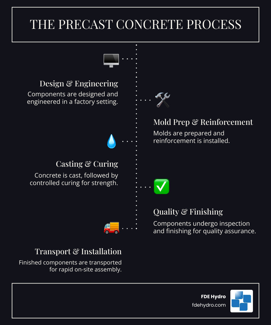 Infographic showing the precast concrete technology process: 1. Design and engineering in factory, 2. Mold preparation and reinforcement installation, 3. Concrete casting and controlled curing, 4. Quality inspection and finishing, 5. Transportation to construction site, 6. Rapid on-site installation and connection - precast concrete technology infographic infographic-line-5-steps-dark