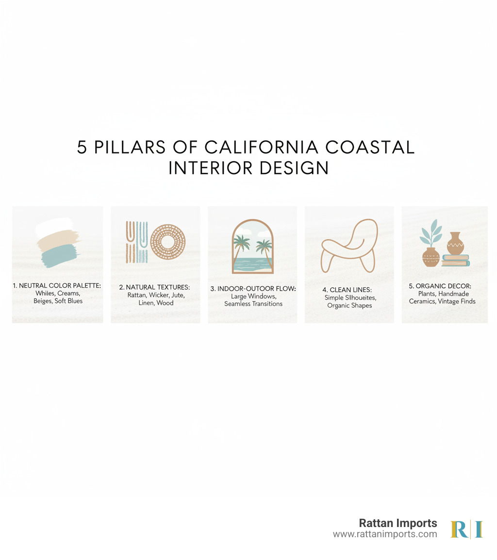 Infographic showing the 5 pillars of California Coastal Interior Design: 1. Neutral Color Palette featuring whites, creams, beiges and soft blues, 2. Natural Textures including rattan, wicker, jute, linen and wood, 3. Indoor-Outdoor Flow with large windows and seamless transitions, 4. Clean Lines with simple furniture silhouettes and organic shapes, 5. Organic Decor featuring plants, handmade ceramics and vintage finds - California coastal interior infographic Infographic showing the 5 pillars of California Coastal Interior Design: 1. Neutral Color Palette featuring whites, creams, beiges and soft blues, 2. Natural Textures including rattan, wicker, jute, linen and wood, 3. Indoor-Outdoor Flow with large windows and seamless transitions, 4. Clean Lines with simple furniture silhouettes and organic shapes, 5. Organic Decor featuring plants, handmade ceramics and vintage finds - California coastal interior infographic