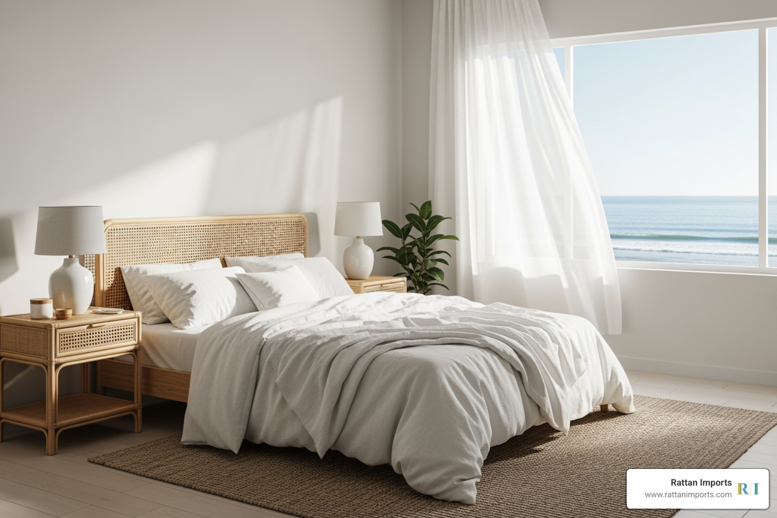 Serene California coastal bedroom with a cane bed and linen bedding - California coastal interior Serene California coastal bedroom with a cane bed and linen bedding - California coastal interior